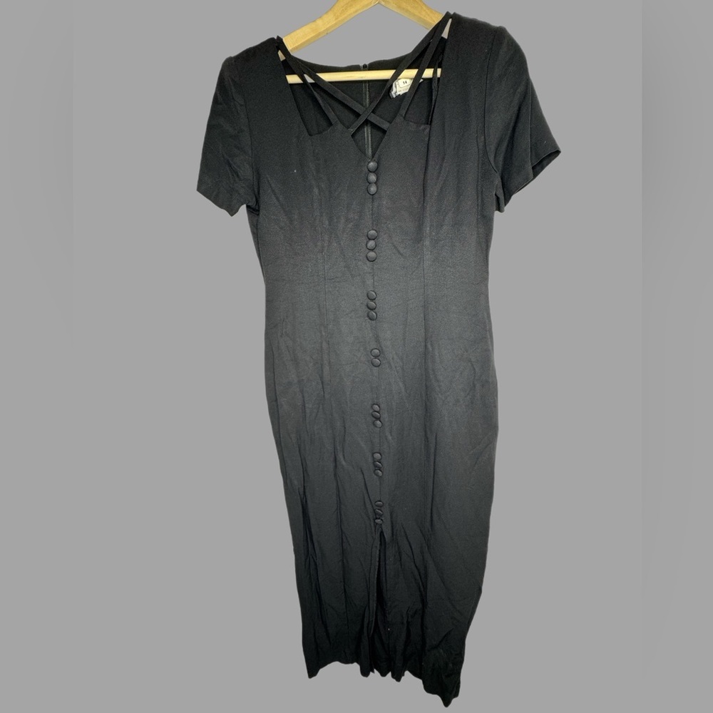 VNTG CrissCross Neckline MIDI Black Shoulder Pad Dress Size Small